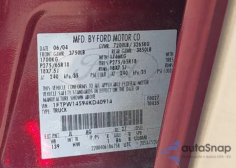 2004 Ford F-150 Fx4/Lariat/Xlt z USA, uszkodzony, nr VIN 1FTPW14594KD40914